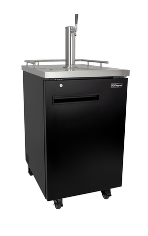 Black beer cooler with a stainless steel top and tap on a white background