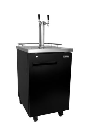 Black beer cooler with a stainless steel top and two taps on a white background