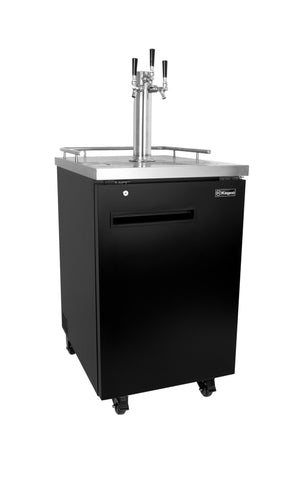 Black beer cooler with two metal taps on a white background