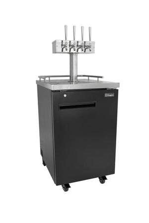 Black beer dispenser with three taps on a white background