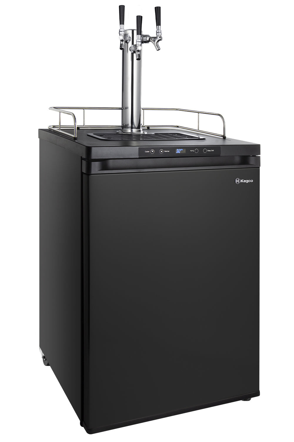 Black beer dispenser with dual taps on a white background