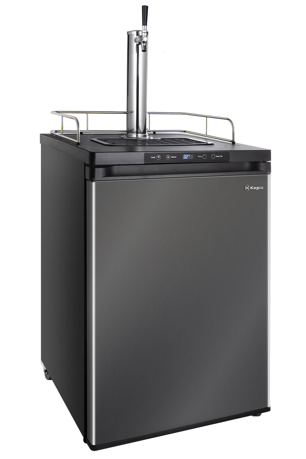 Black refrigerator with beer tap on a white background