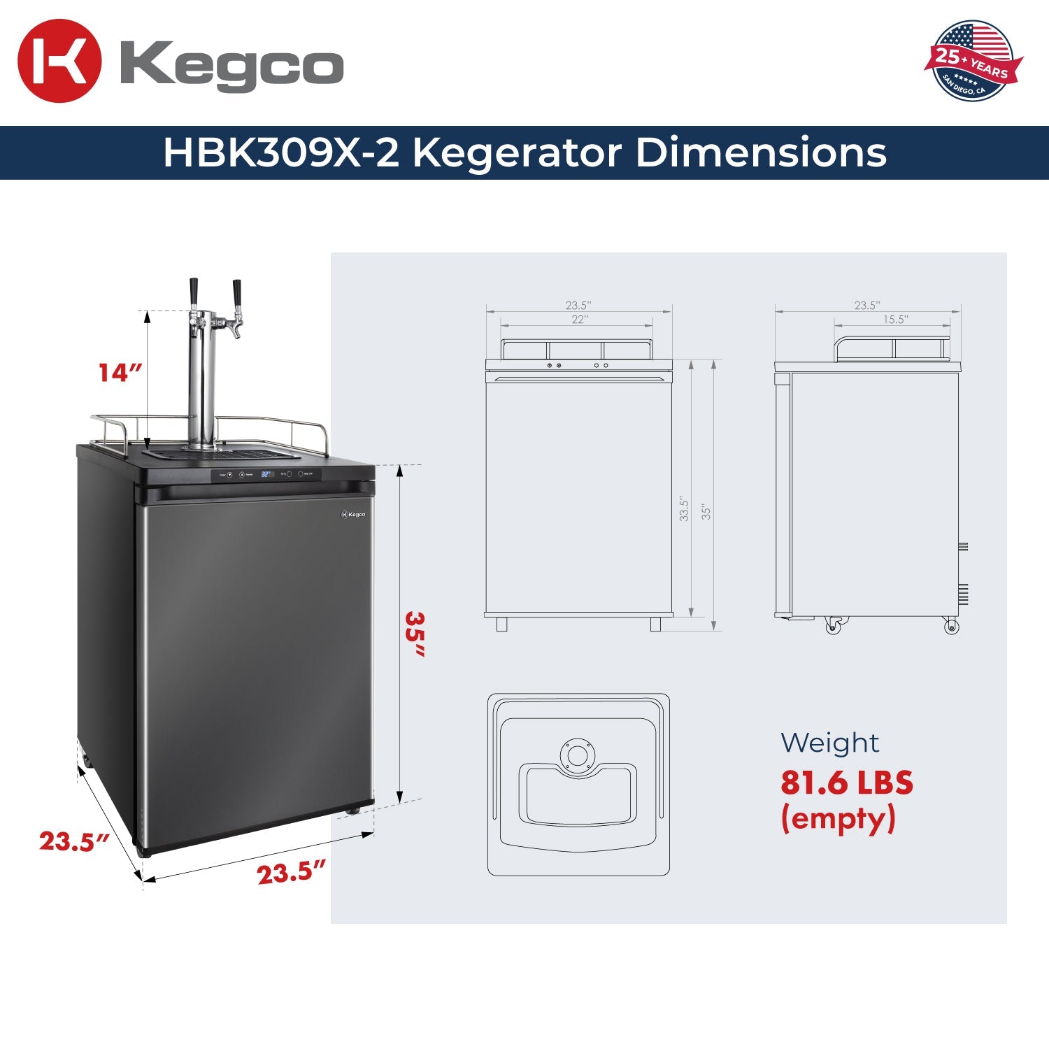 24" Wide Homebrew Dual Tap Black Stainless Steel Digital Kegerator