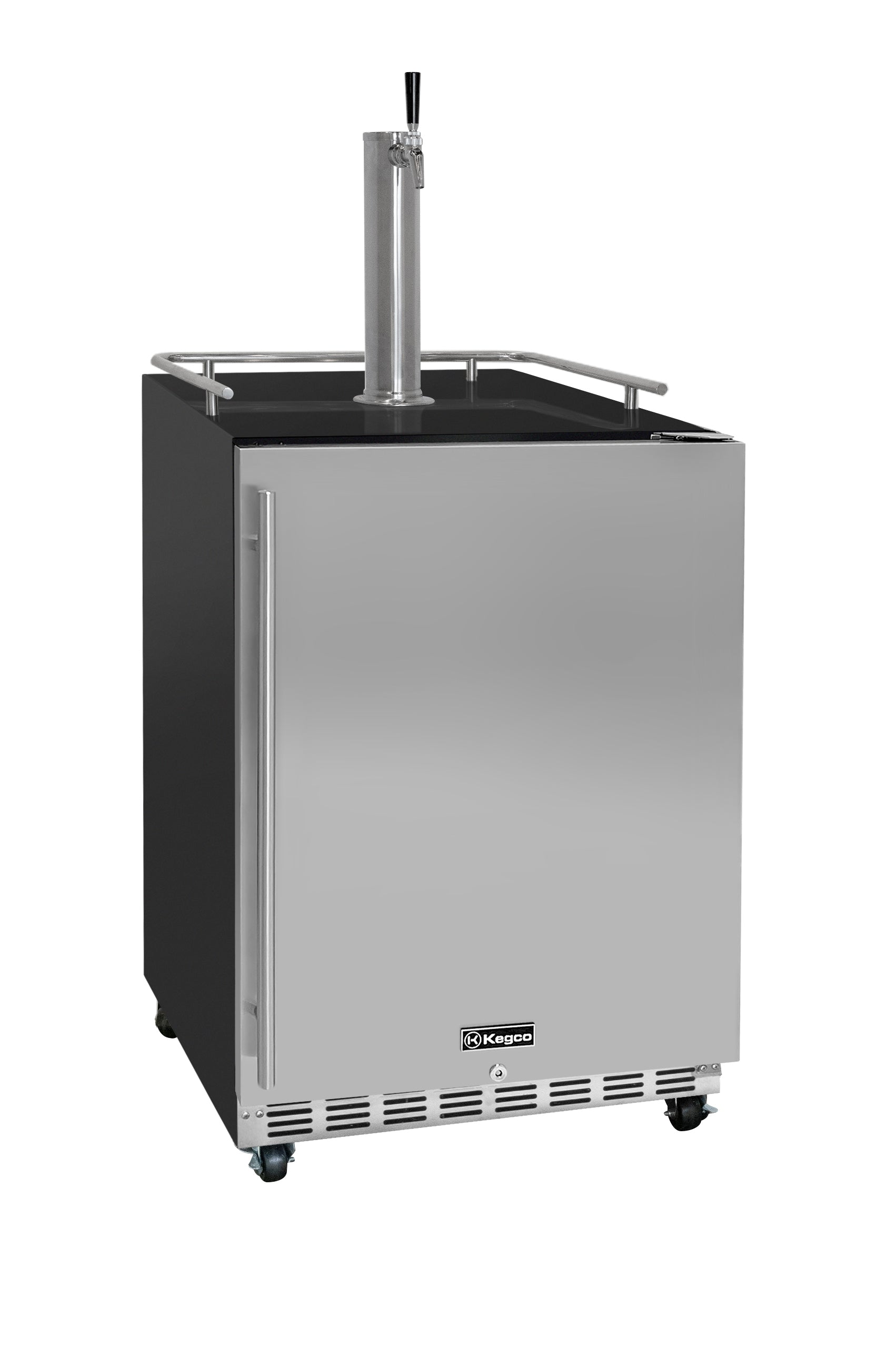 Keg cooler with a stainless steel exterior and a Kegco logo on a white background