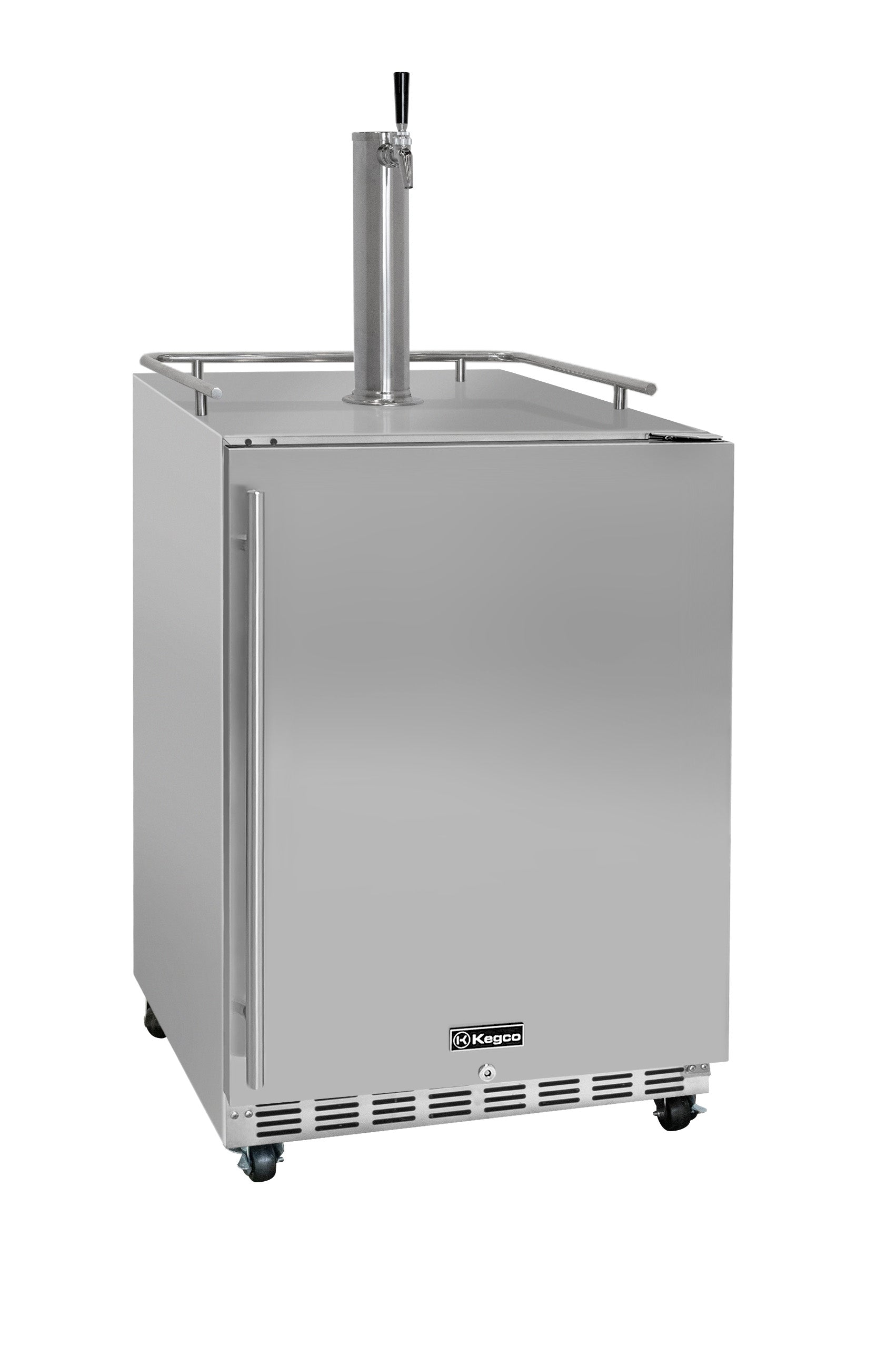 Stainless steel outdoor beer cooler with tap on a white background