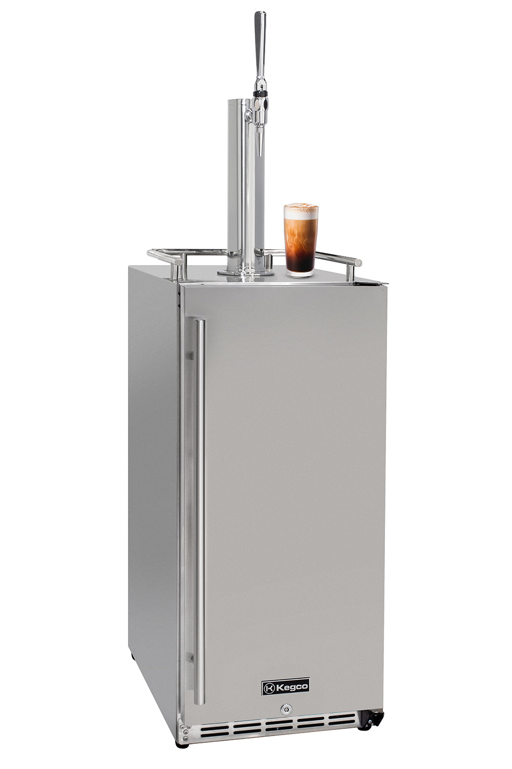 Outdoor beer cooler with a tap and glass of beer on a white background
