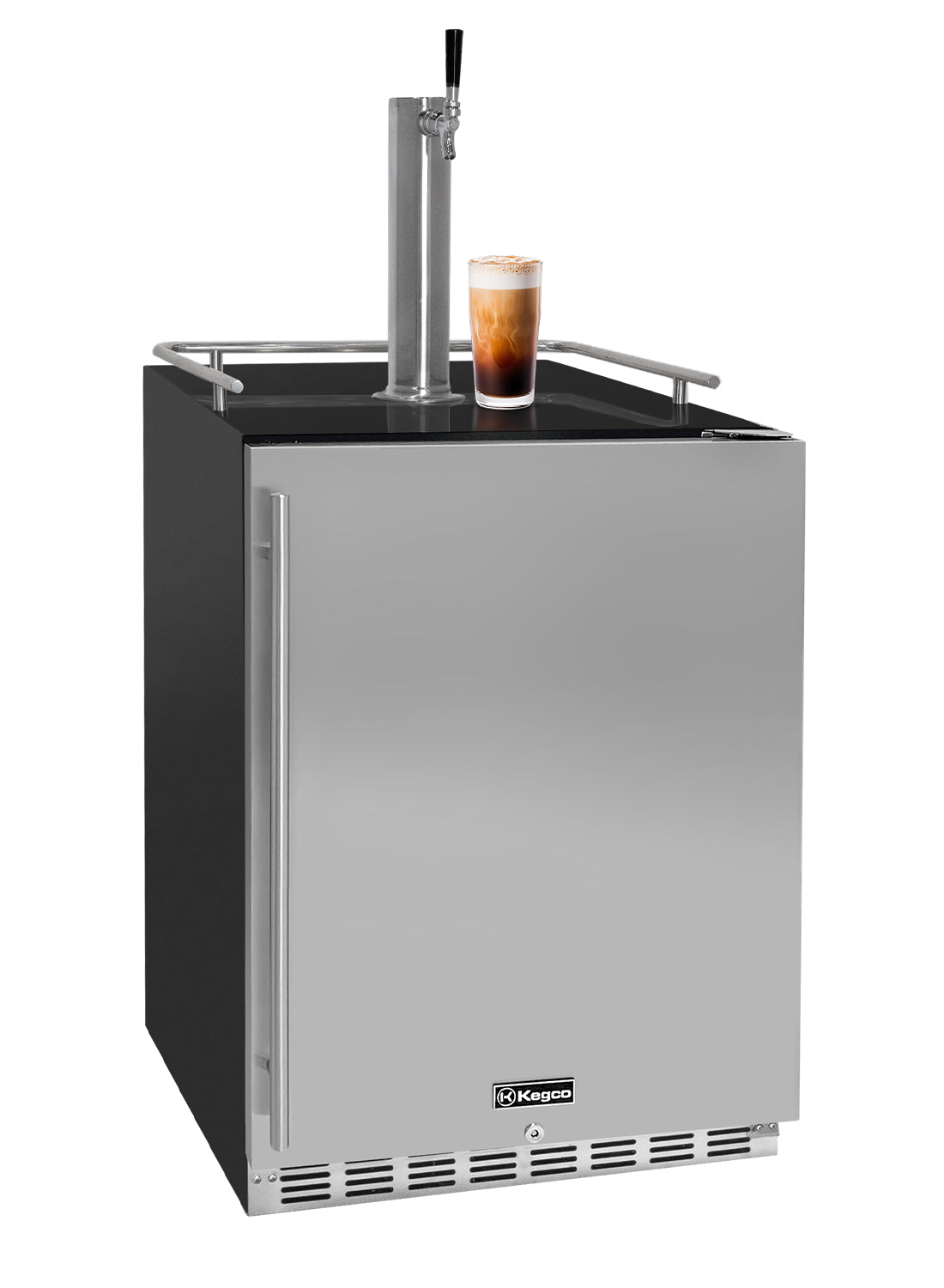 Outdoor beer cooler with a glass of beer on a white background