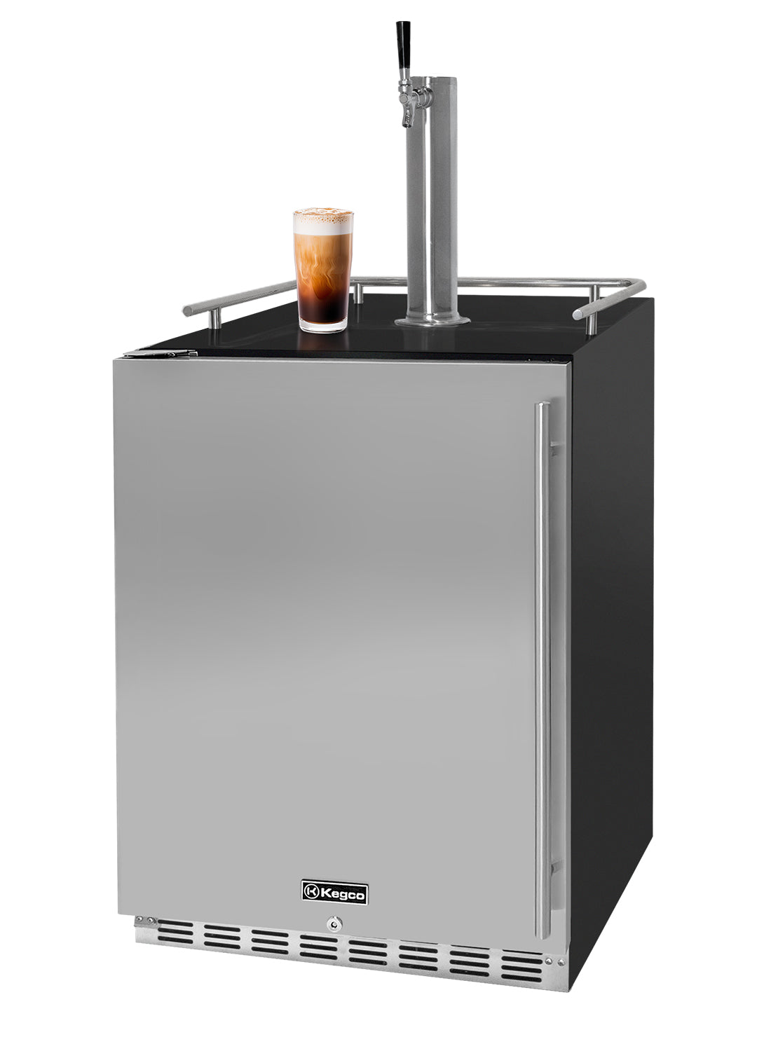 Outdoor beer cooler with a tap and a glass of beer on a white background