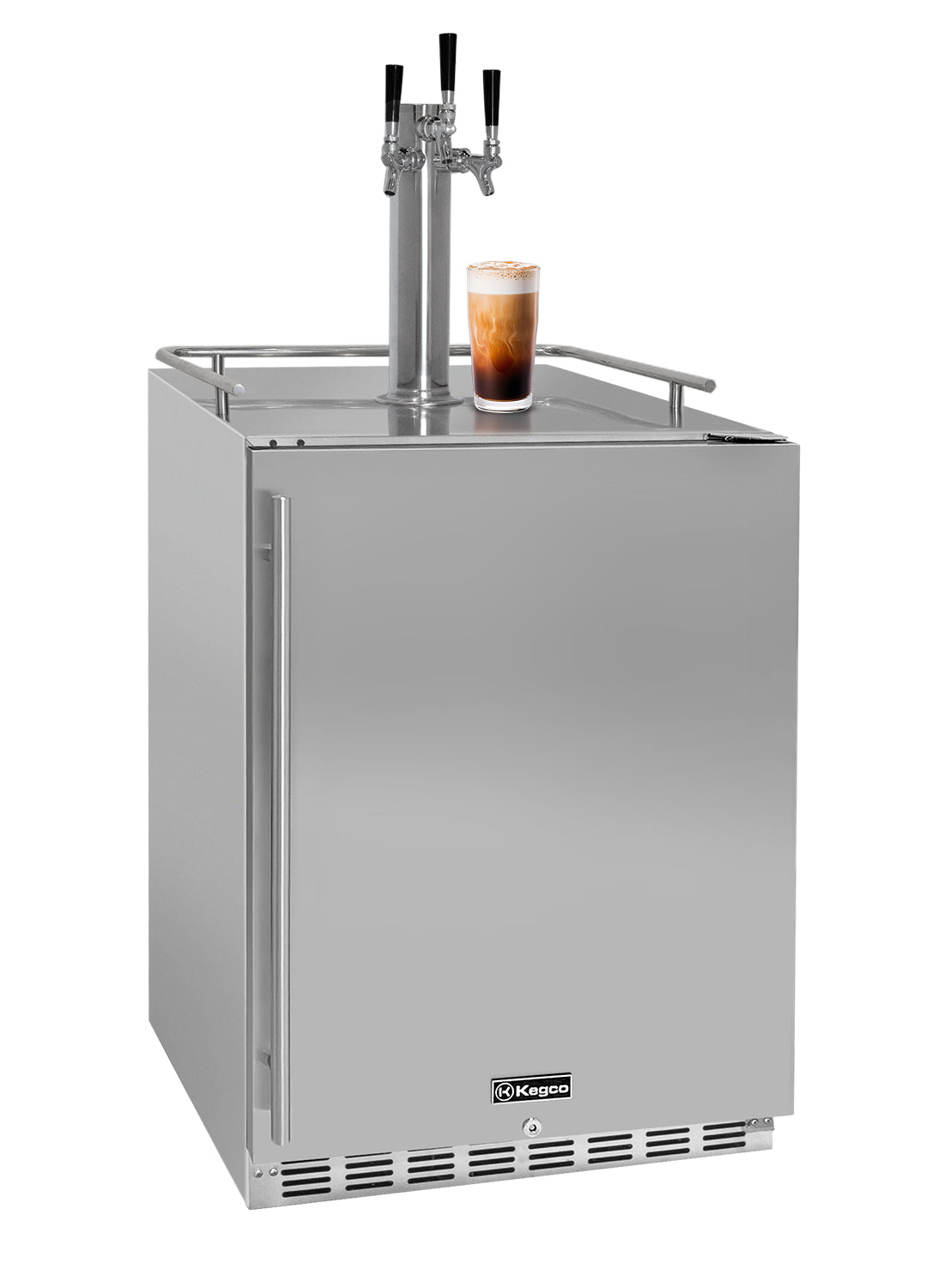 Outdoor beer dispenser with a glass of beer on a white background