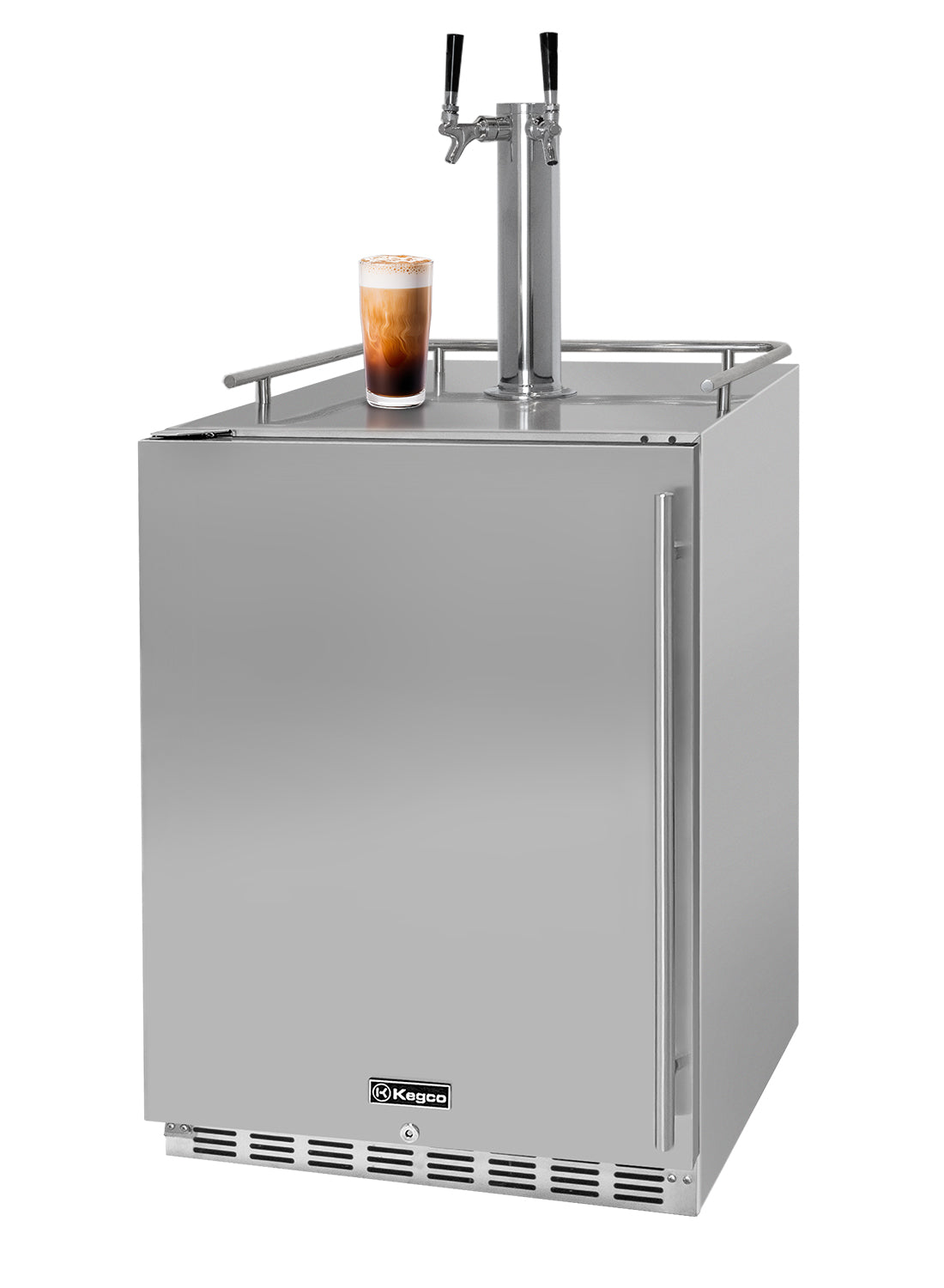 Outdoor beer cooler with a single tap and a glass of beer on a white background