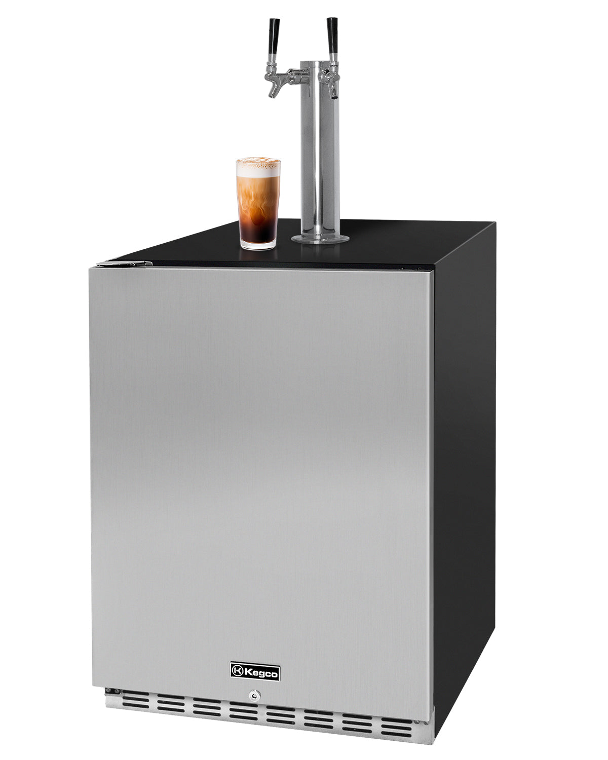 Outdoor beer cooler with a tap and a glass of beer on a white background