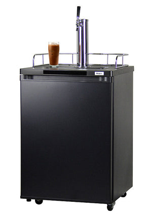 Black beer cooler with a glass of beer on a white background