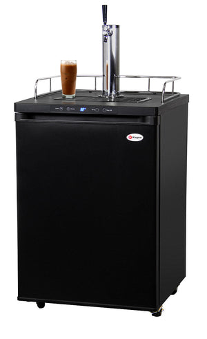 Black beer dispenser with a glass of beer on a white background