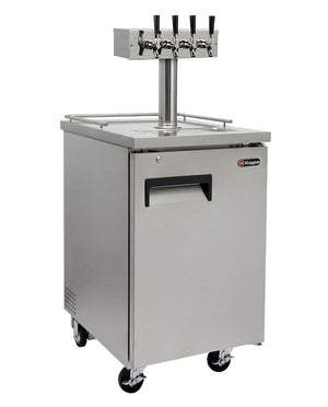 Stainless steel undercounter refrigerator with beer taps on a white background