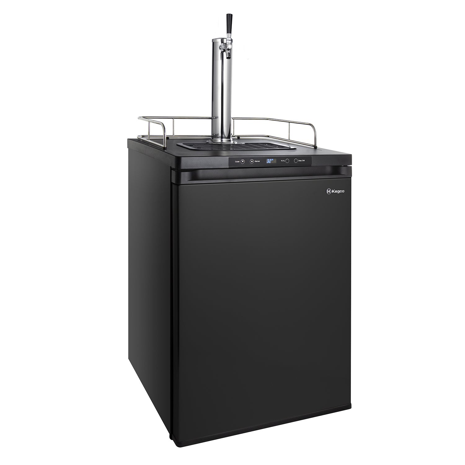 Black refrigerator with a beer tap on a white background