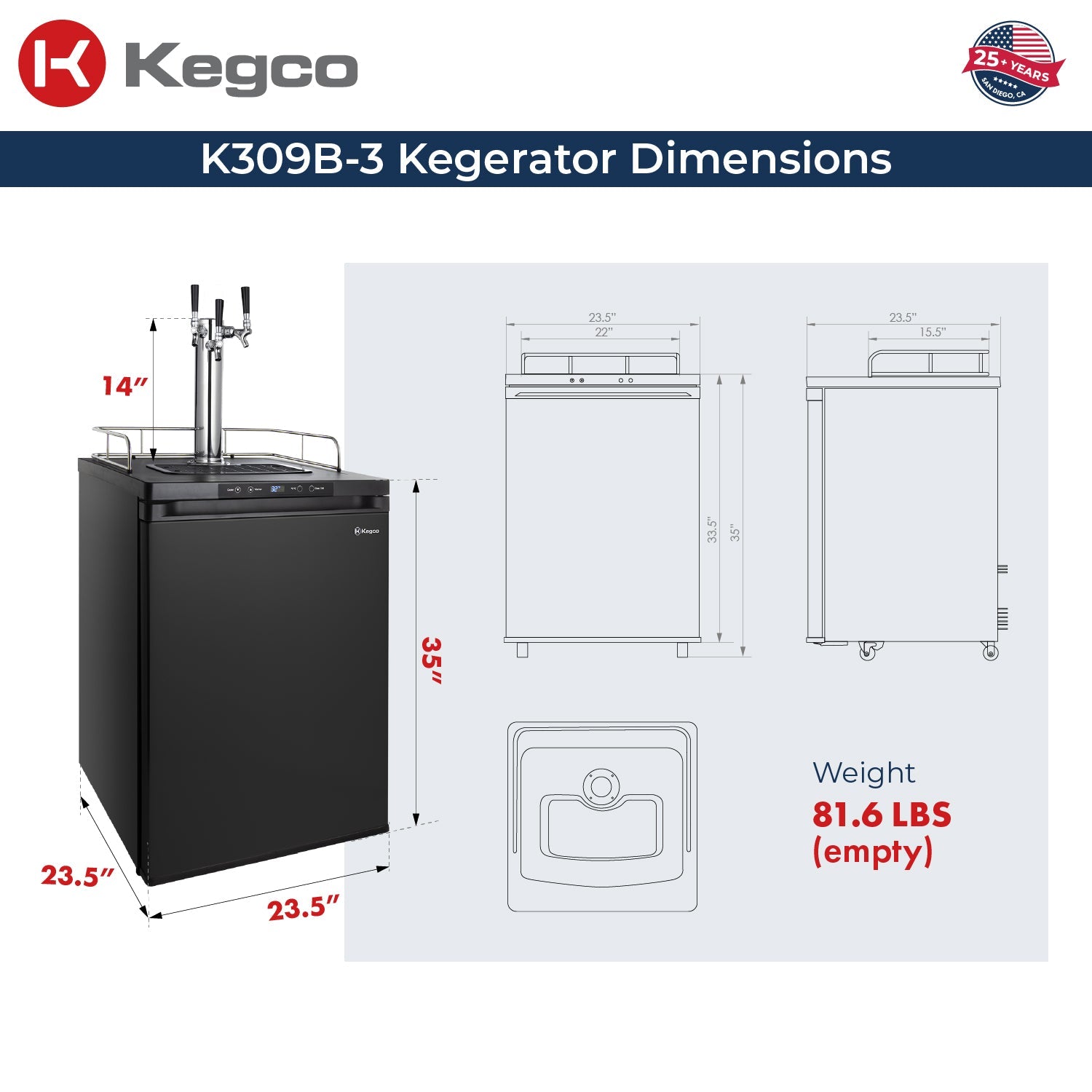 24" Wide Triple Tap Black Digital Kegerator