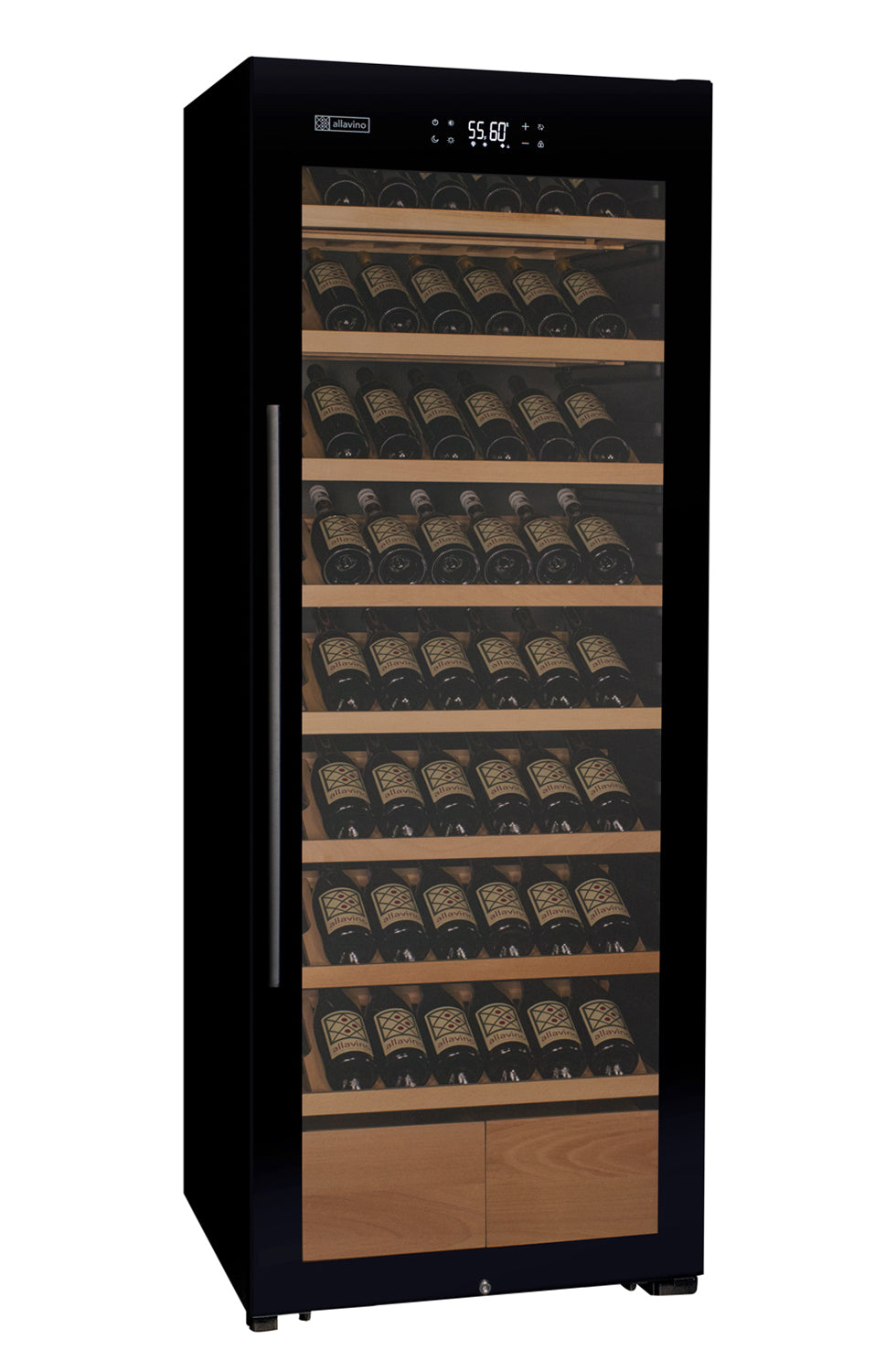 Wine cooler with multiple shelves filled with wine bottles on a white background