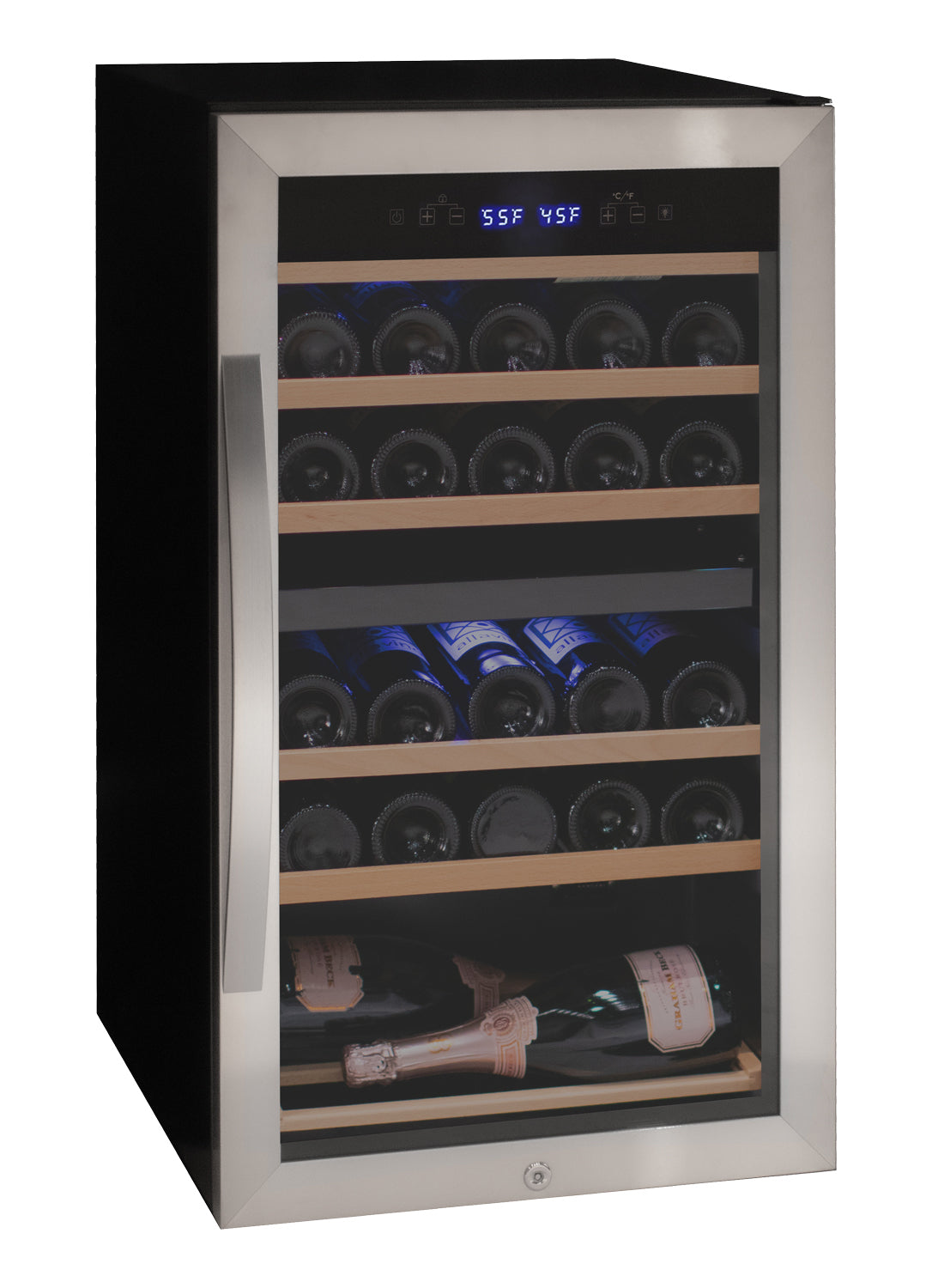 Wine cooler with bottles inside on a white background