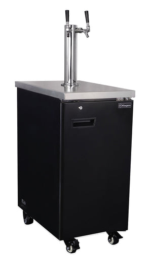 Black beer dispenser with two taps on a white background