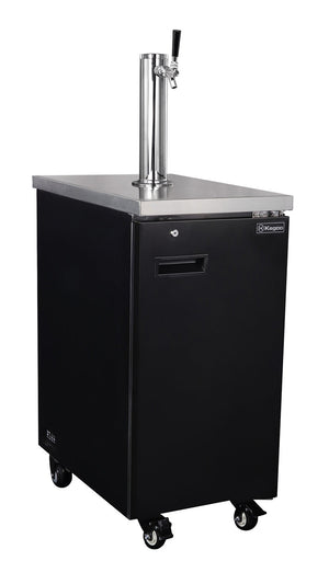 Black beer dispenser with stainless steel top on a white background