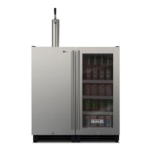 Stainless steel beer cooler with a tap on a white background