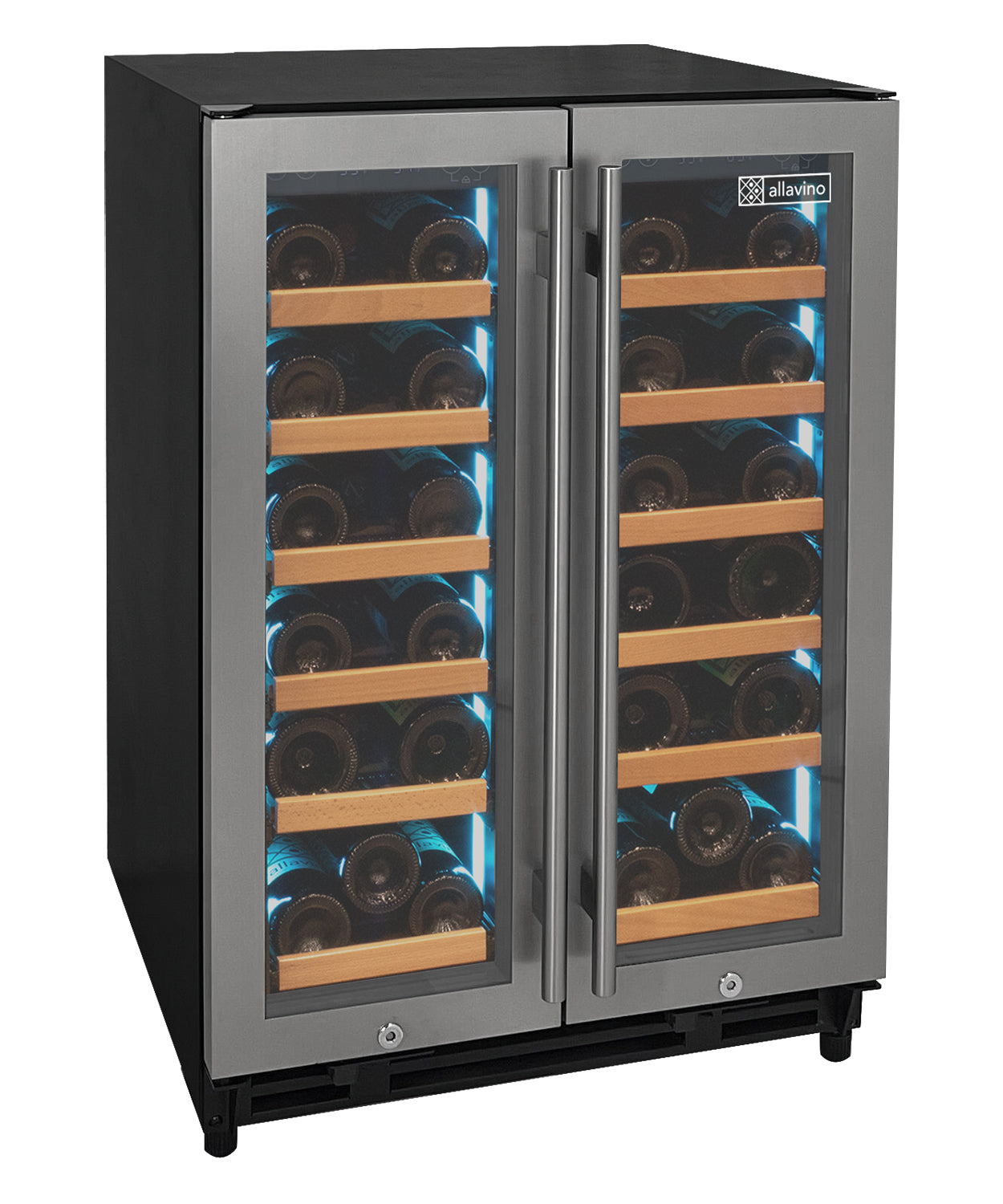 Wine cooler with glass doors displaying wine bottles on a white background