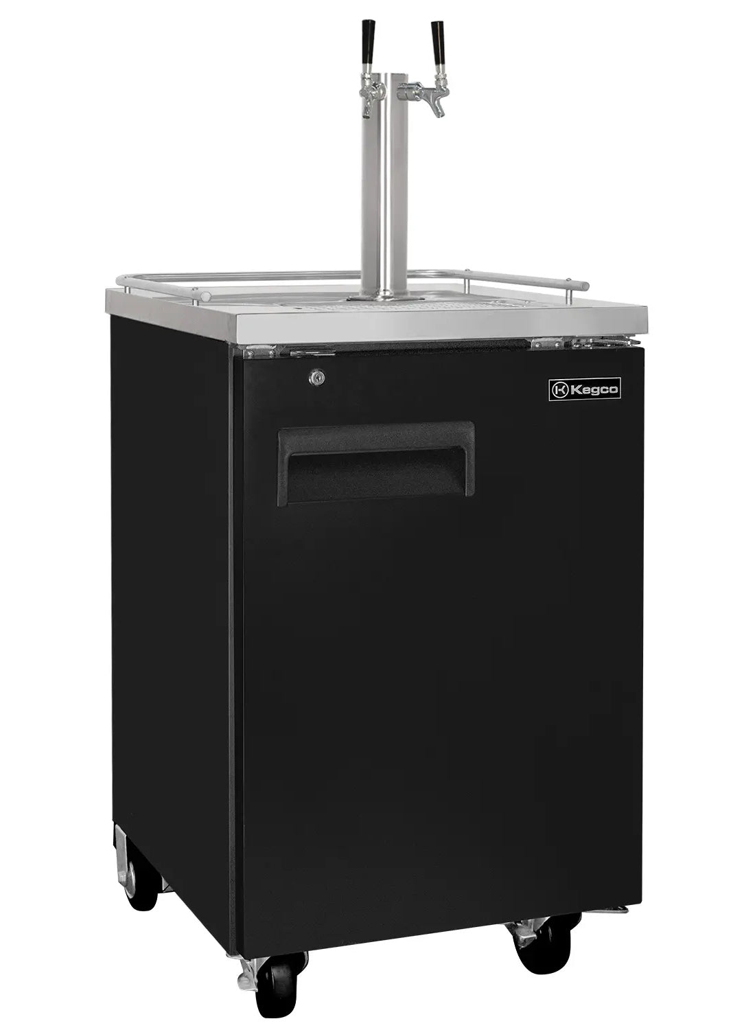Black Kegco beer cooler with a double tap system on a white background