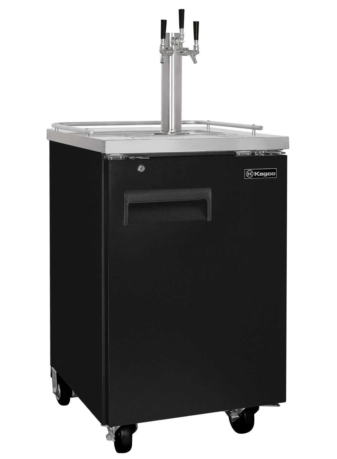 Black Kegco beer cooler with a stainless steel top on a white background