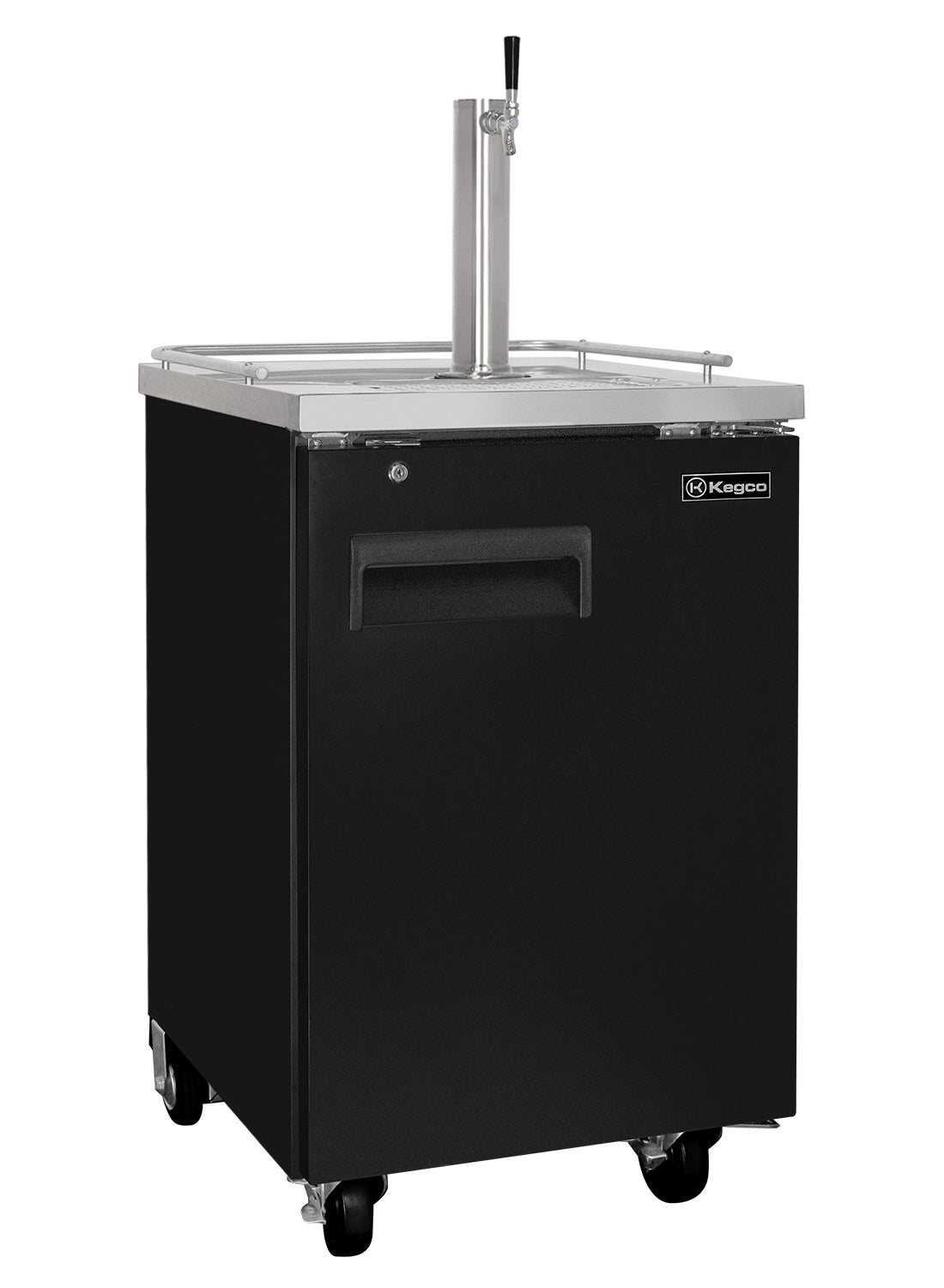 Black Kegco beer cooler with a stainless steel top on a white background