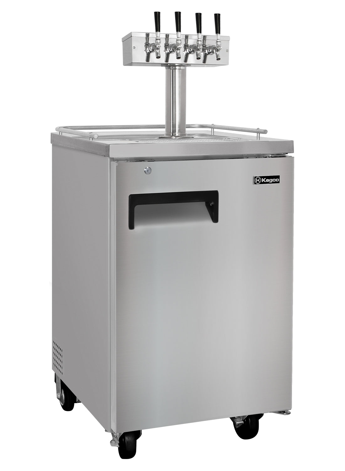 Stainless steel beer dispenser with three taps on a white background
