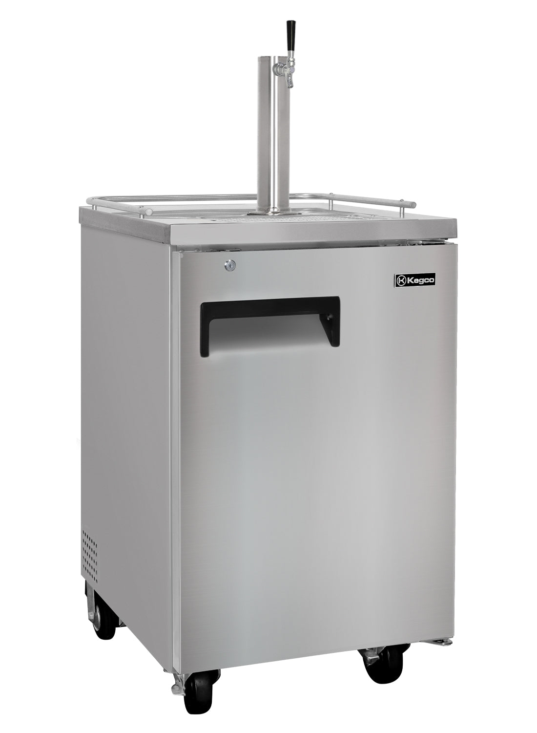 Stainless steel undercounter beer dispenser with a tap on a white background
