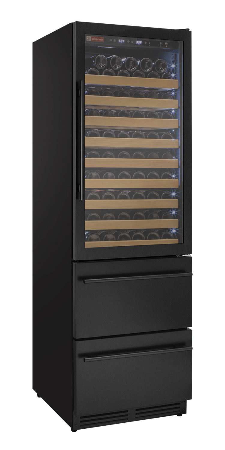 Black wine cooler with glass door displaying bottles on a white background