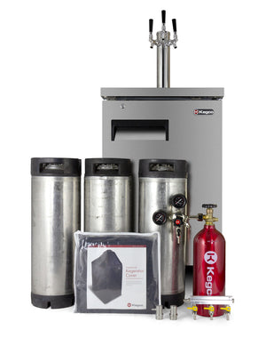 Kegco home brewing system with kegs, CO2 tank, and accessories on a white background