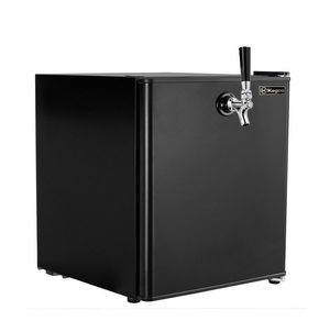 Black Kegco beer cooler with a tap on a white background
