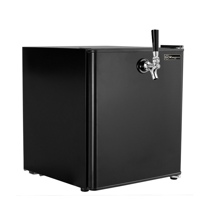 Black Kegco beer cooler with a tap on a white background