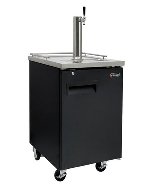 Black beer cooler with stainless steel top and Kegco logo on a white background