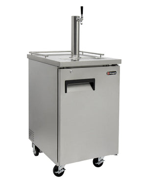 Stainless steel undercounter beer dispenser with a tap on a white background