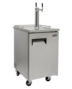 Stainless steel undercounter beer dispenser with two taps on a white background