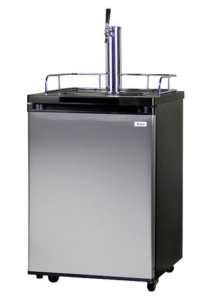 Stainless steel beer dispenser with faucet on a white background