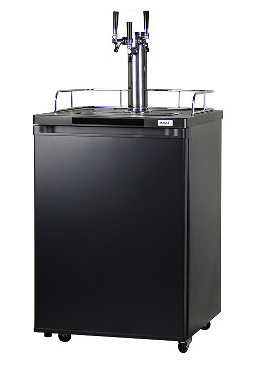 Black beer dispenser with three taps on a white background