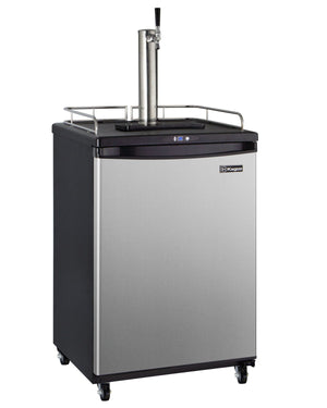 Stainless steel beer dispenser with a tap on a white background