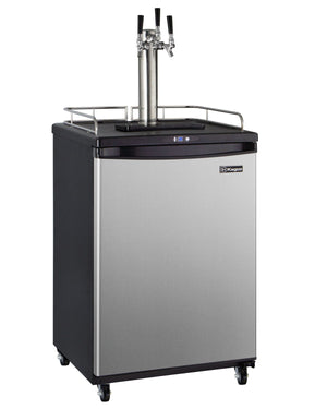 Stainless steel beer dispenser with two taps on a white background