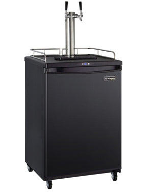 Black Kegco beer dispenser with two taps on a white background