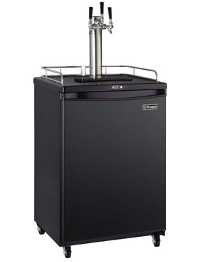 Black Kegco beer dispenser with a double tap system on a white background