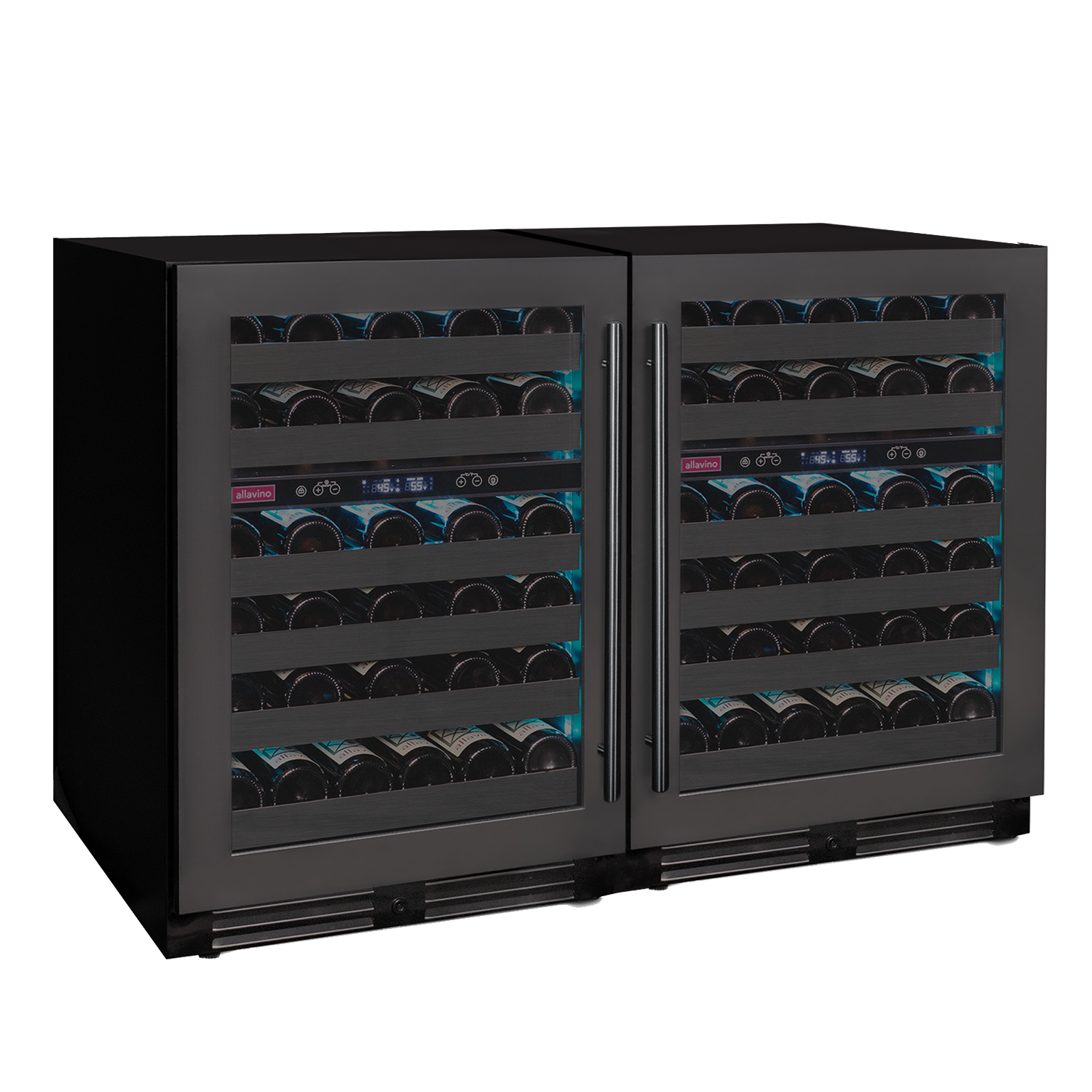 Black wine cooler with glass doors displaying rows of wine bottles on a white background