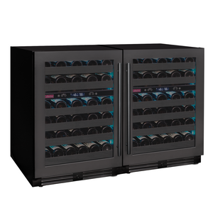 Black wine cooler with glass doors displaying rows of wine bottles on a white background