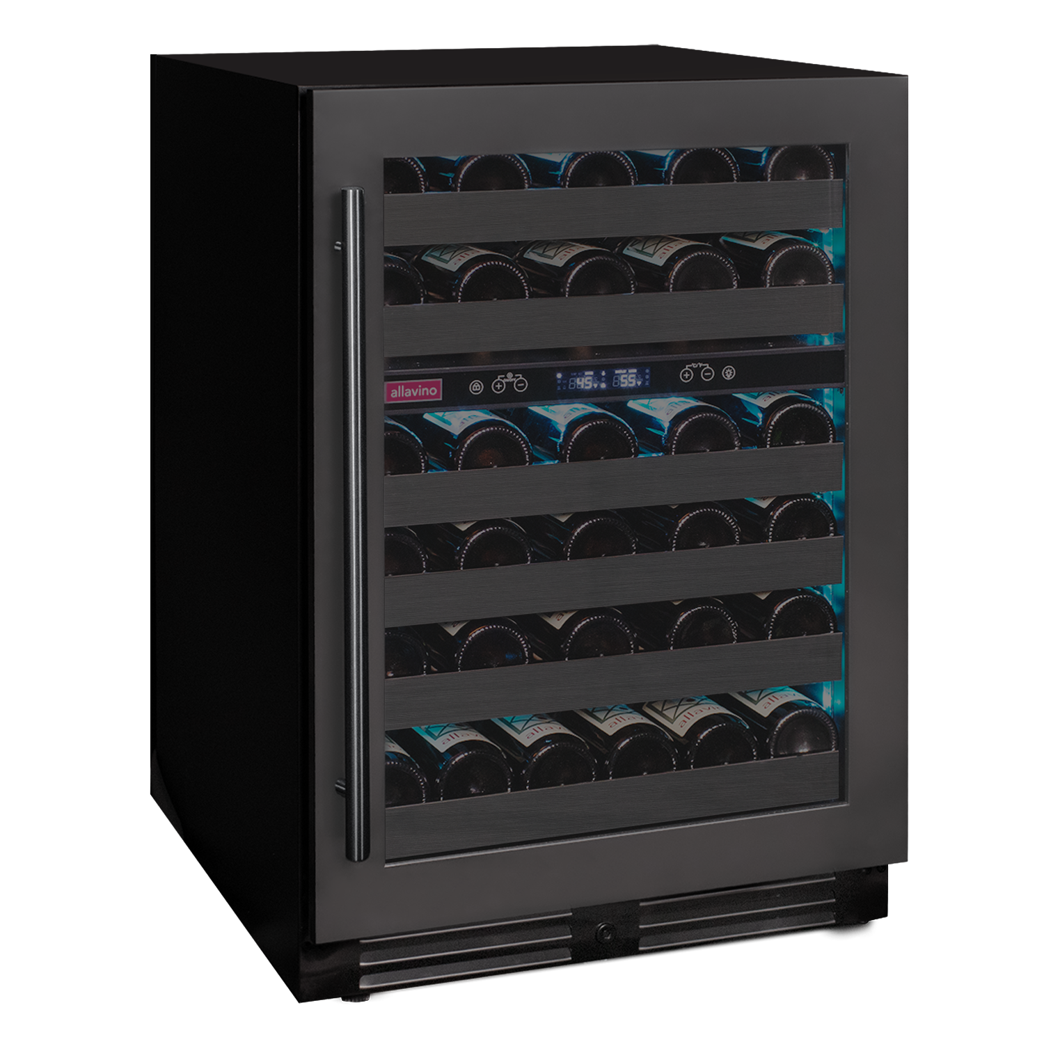 Black wine cooler with bottles inside on a white background