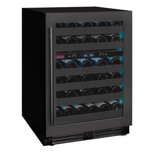 Black wine cooler with bottles inside on a white background