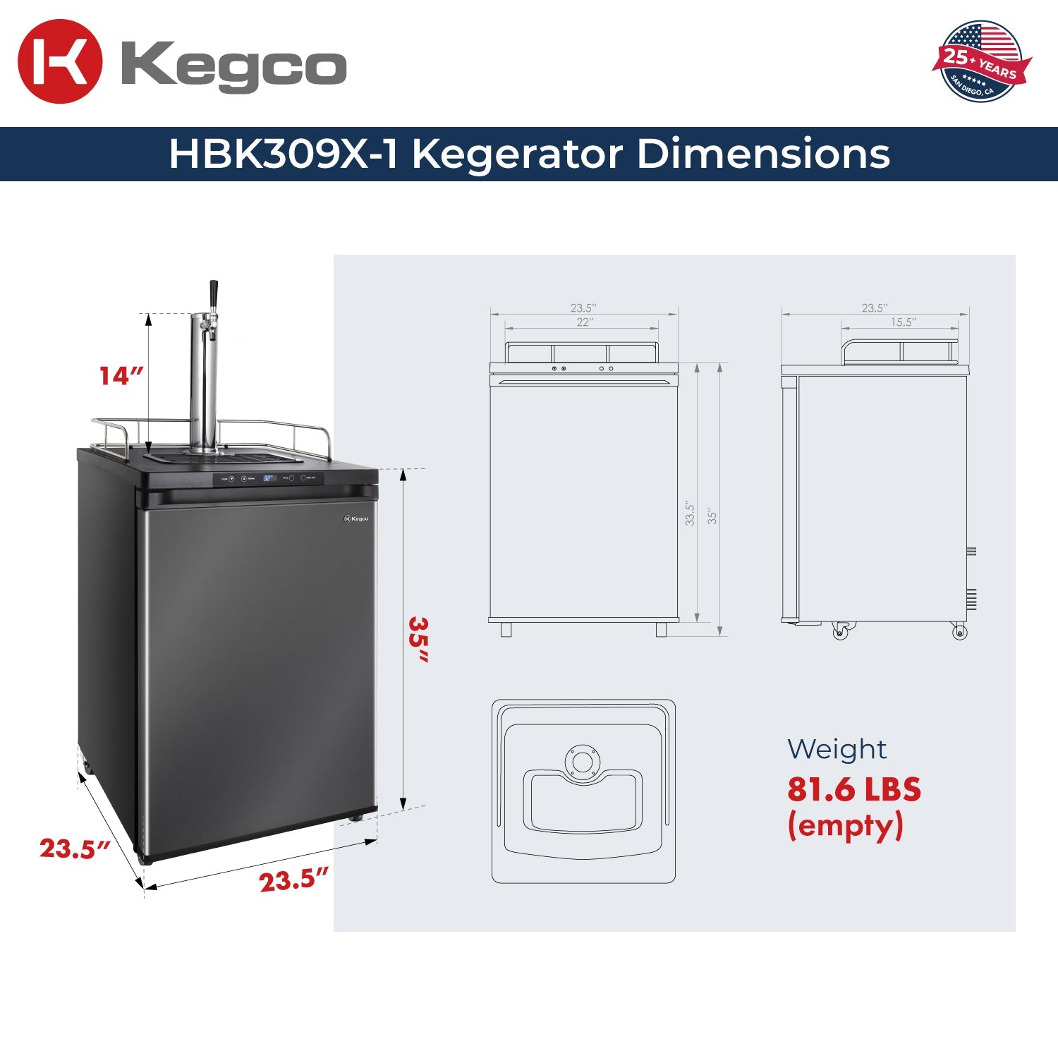 24" Wide Homebrew Single Tap Black Stainless Steel Digital Kegerator