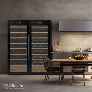 Allavino wine cooler in a modern kitchen setting with dining table and chairs.